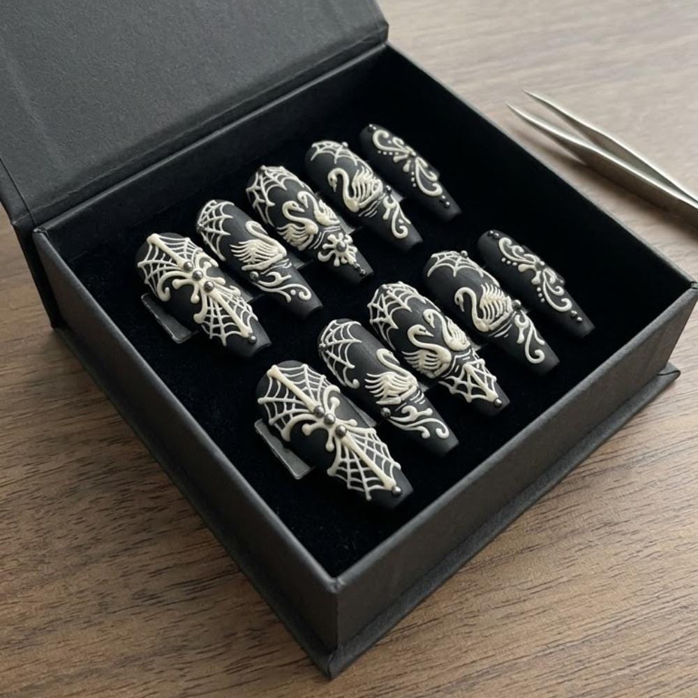 Black Gothic Swan Press On Nails With Ivory Spiderwebs and Filigree