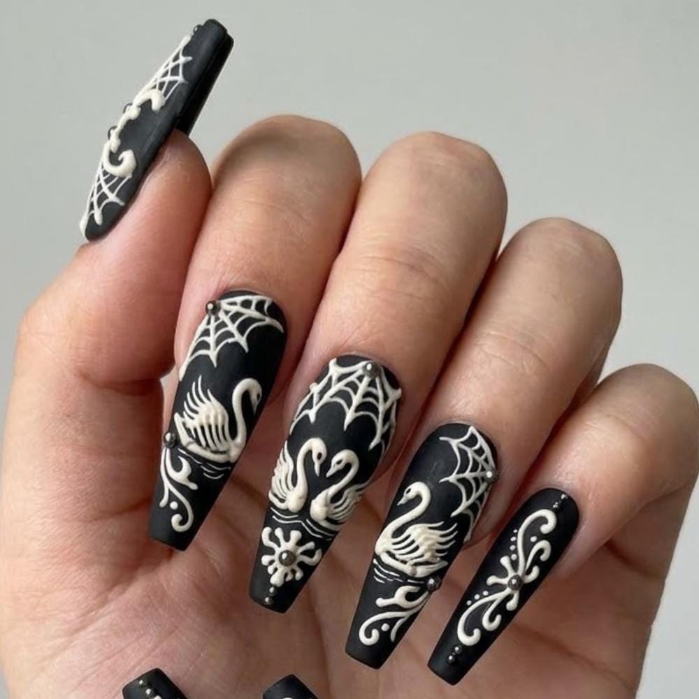 Black Gothic Swan Press On Nails With Ivory Spiderwebs and Filigree