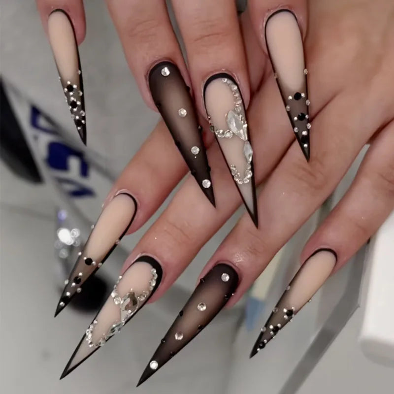 Black Gradient French Tip Rhinestone Press-On Nail Set