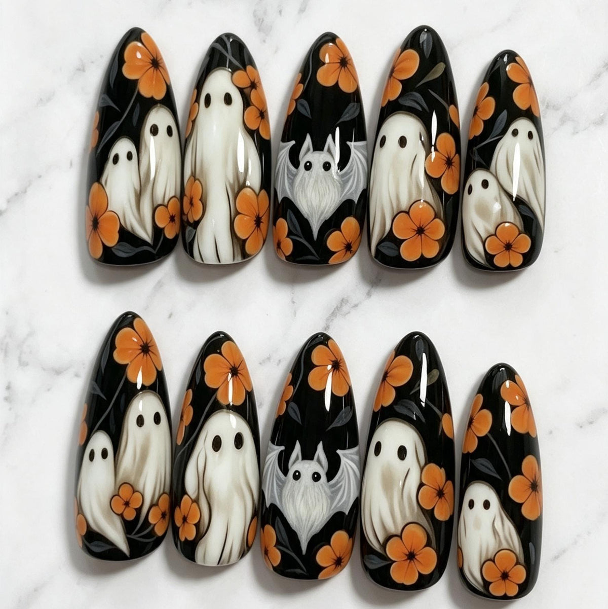 Black Halloween Ghost Nails With Orange Flowers and Dark Foliage