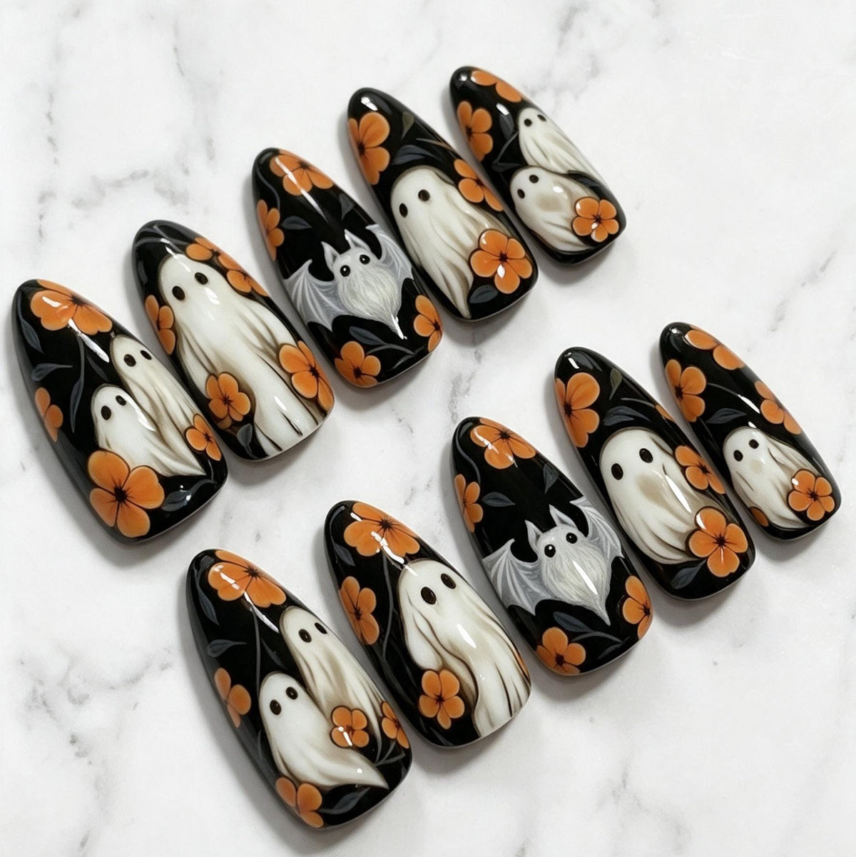 Black Halloween Ghost Nails With Orange Flowers and Dark Foliage