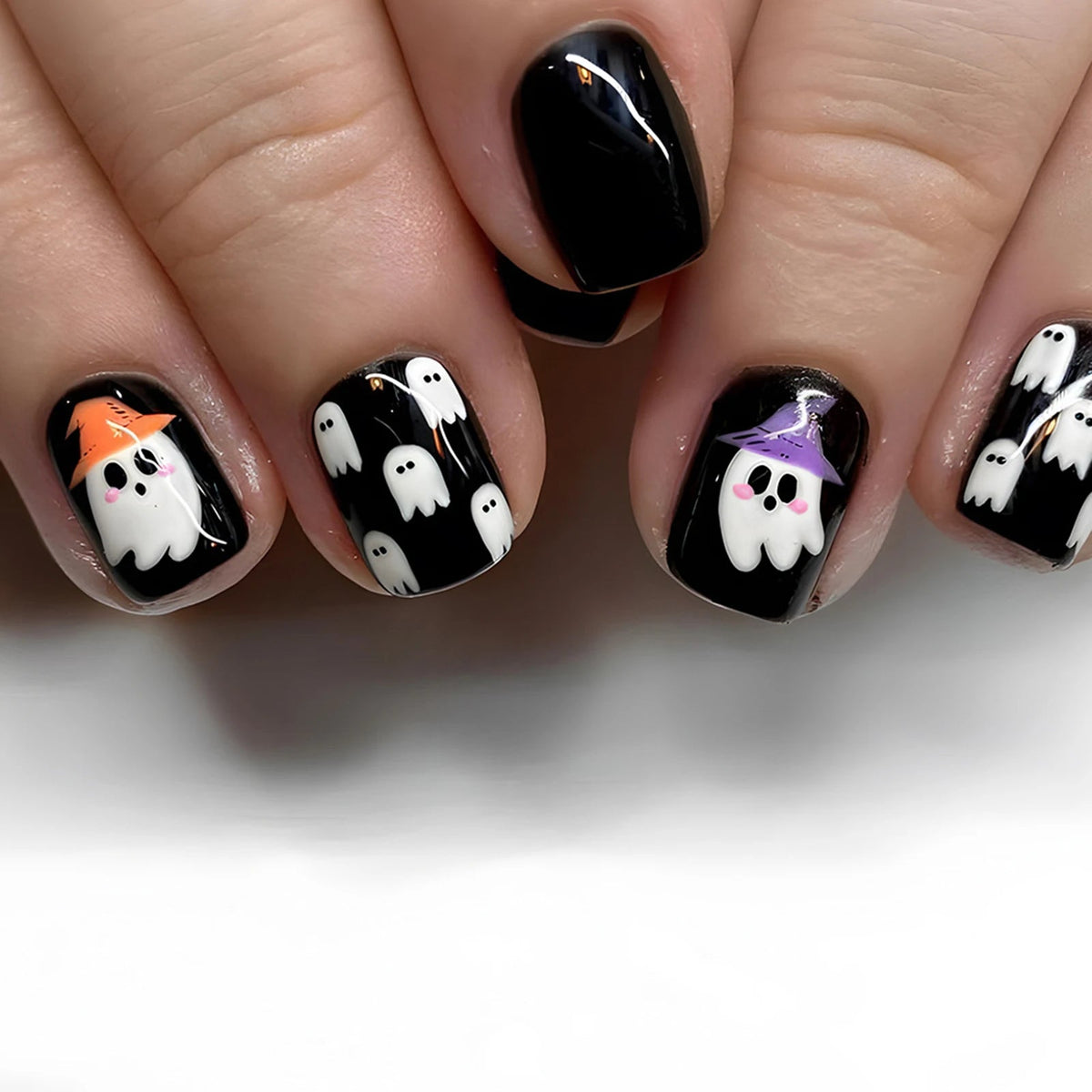 Black Halloween Ghost Press On Nails with Orange and Purple Hats