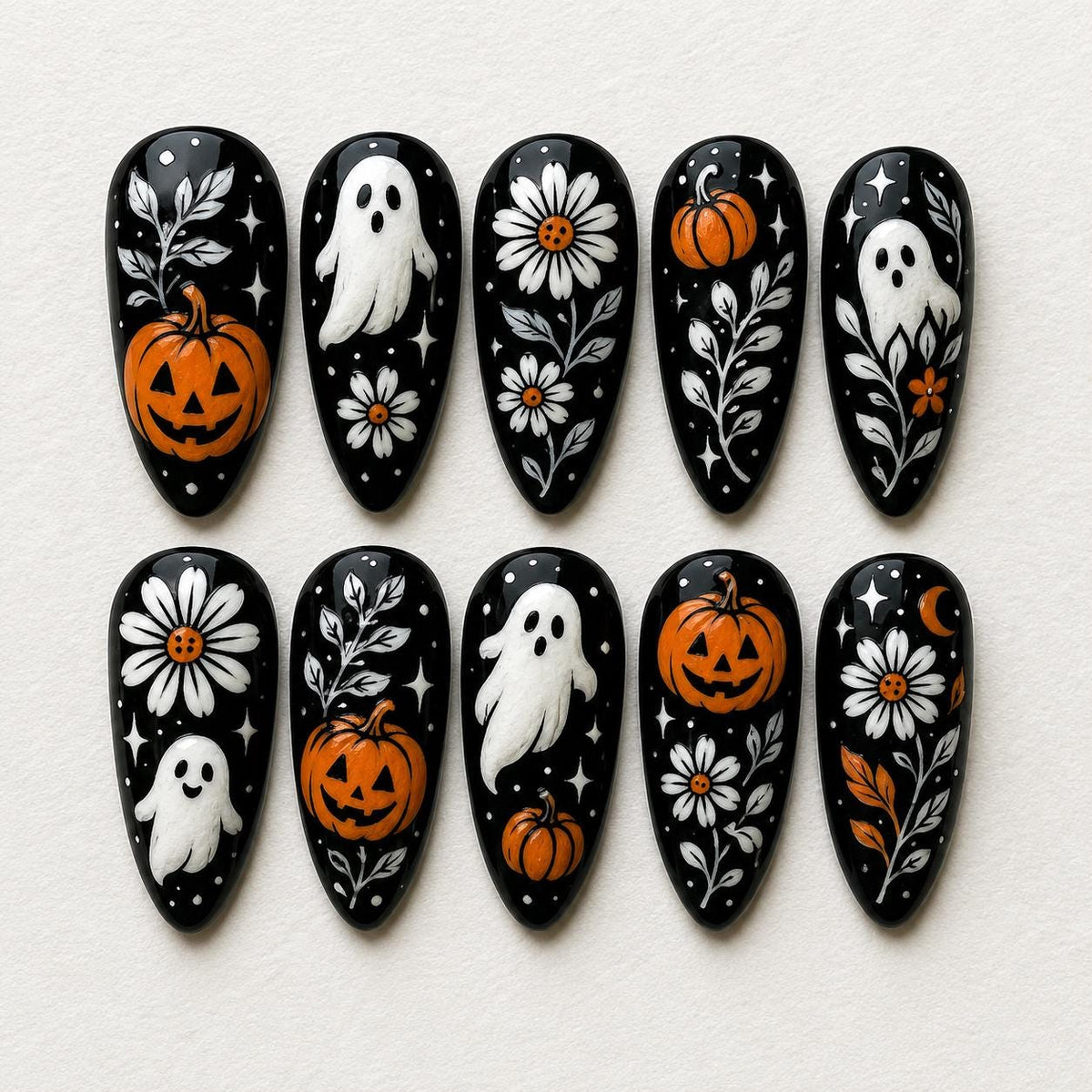 Black Halloween Press On Nails With Ghosts, Pumpkins & Daisies