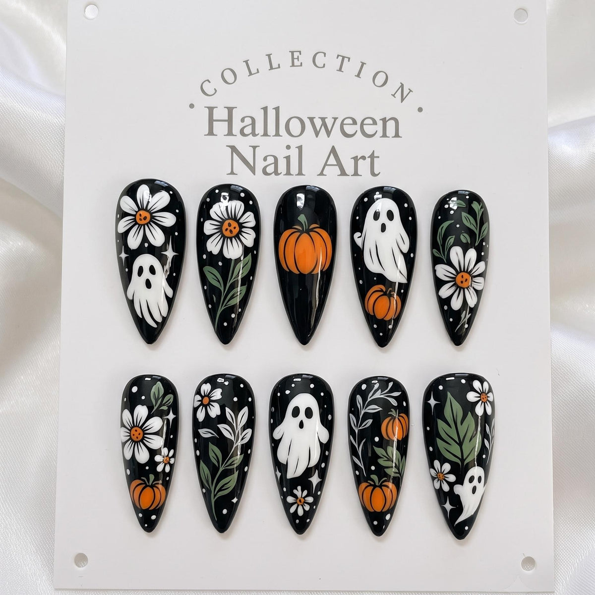 Black Halloween Press On Nails With Ghosts, Pumpkins, and Autumn Flowers