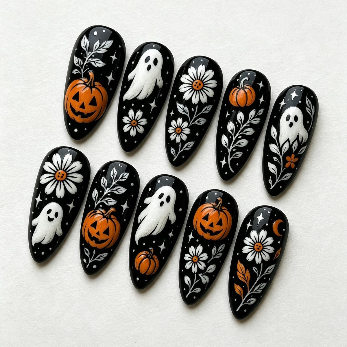 Black Halloween Press On Nails With Ghosts, Pumpkins & Daisies