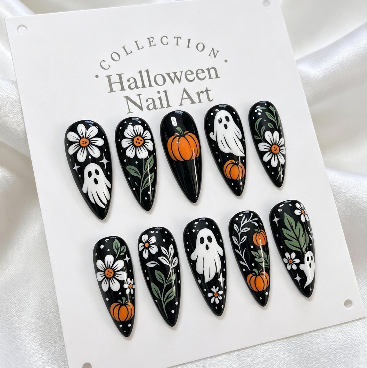 Black Halloween Press On Nails With Ghosts, Pumpkins, and Autumn Flowers