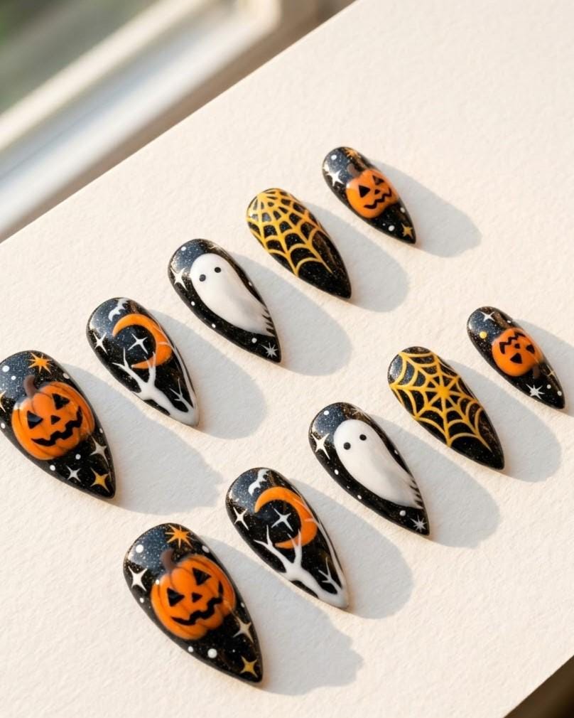 Black Halloween Press On Nails With Orange Pumpkins, Ghosts and Gold Spiderwebs