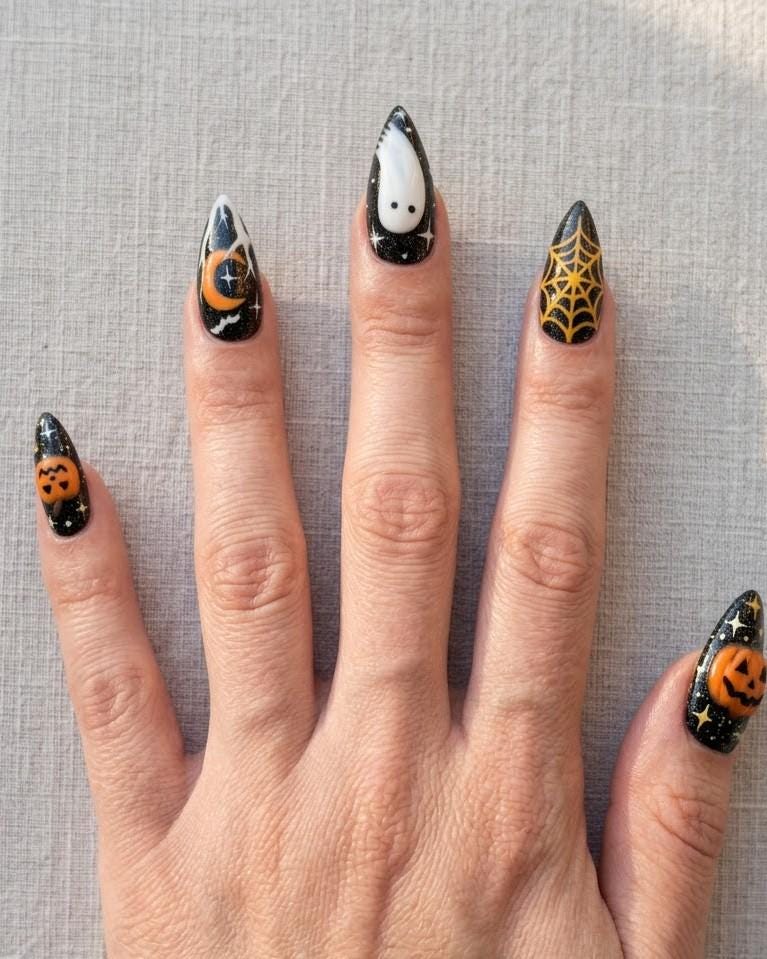 Black Halloween Press On Nails With Orange Pumpkins, Ghosts and Gold Spiderwebs