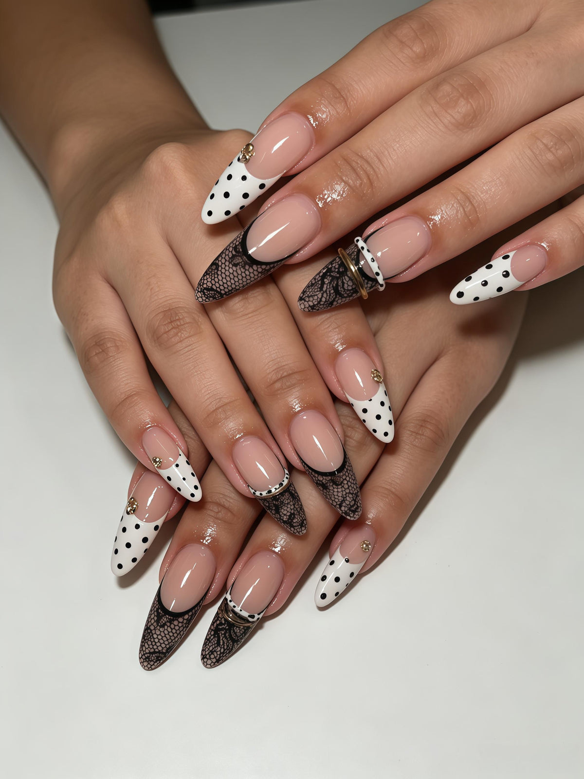 Black Lace and Polka Dot French Tip Press On Nails with Gold Ring Charms