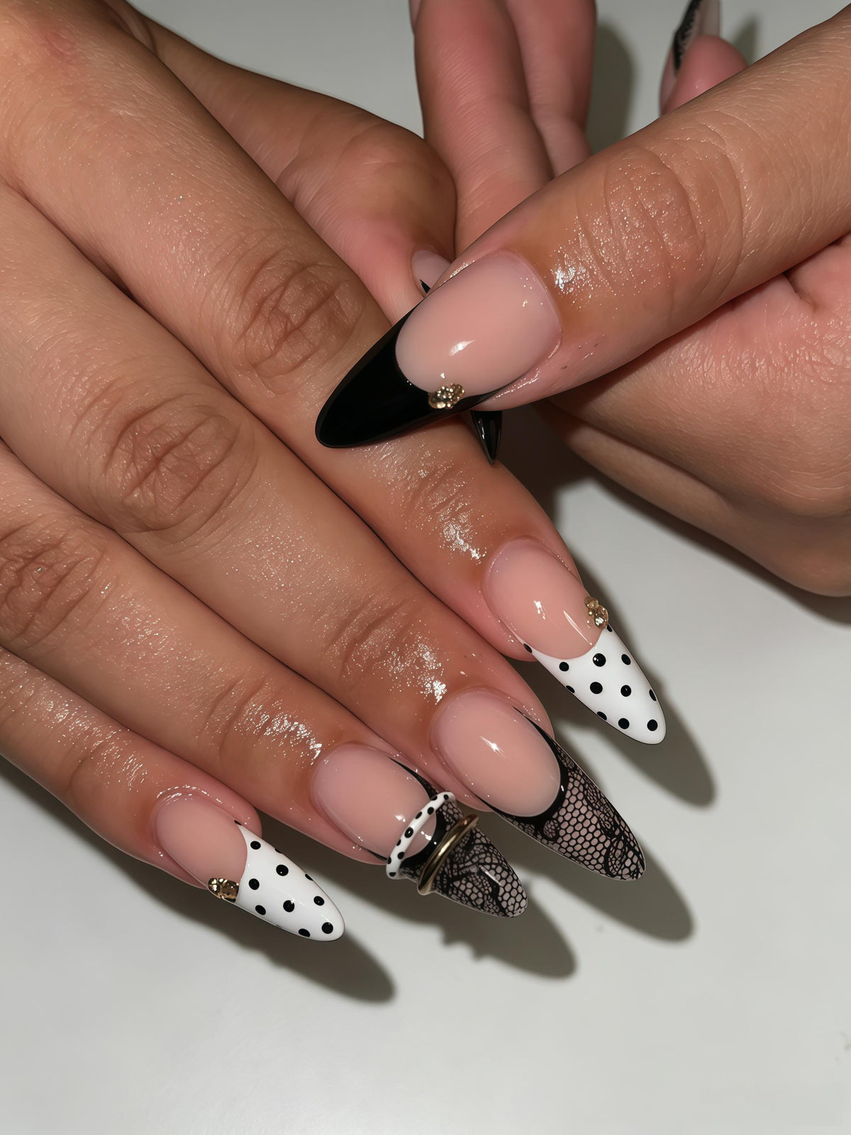 Black Lace and Polka Dot French Tip Press On Nails with Gold Ring Charms