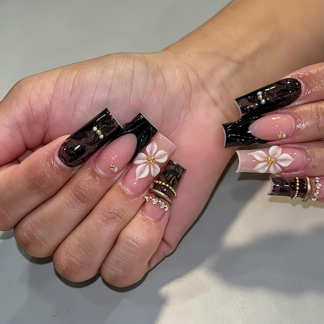 Black Lace French Tip Nails with 3D Flowers and Gold Charms
