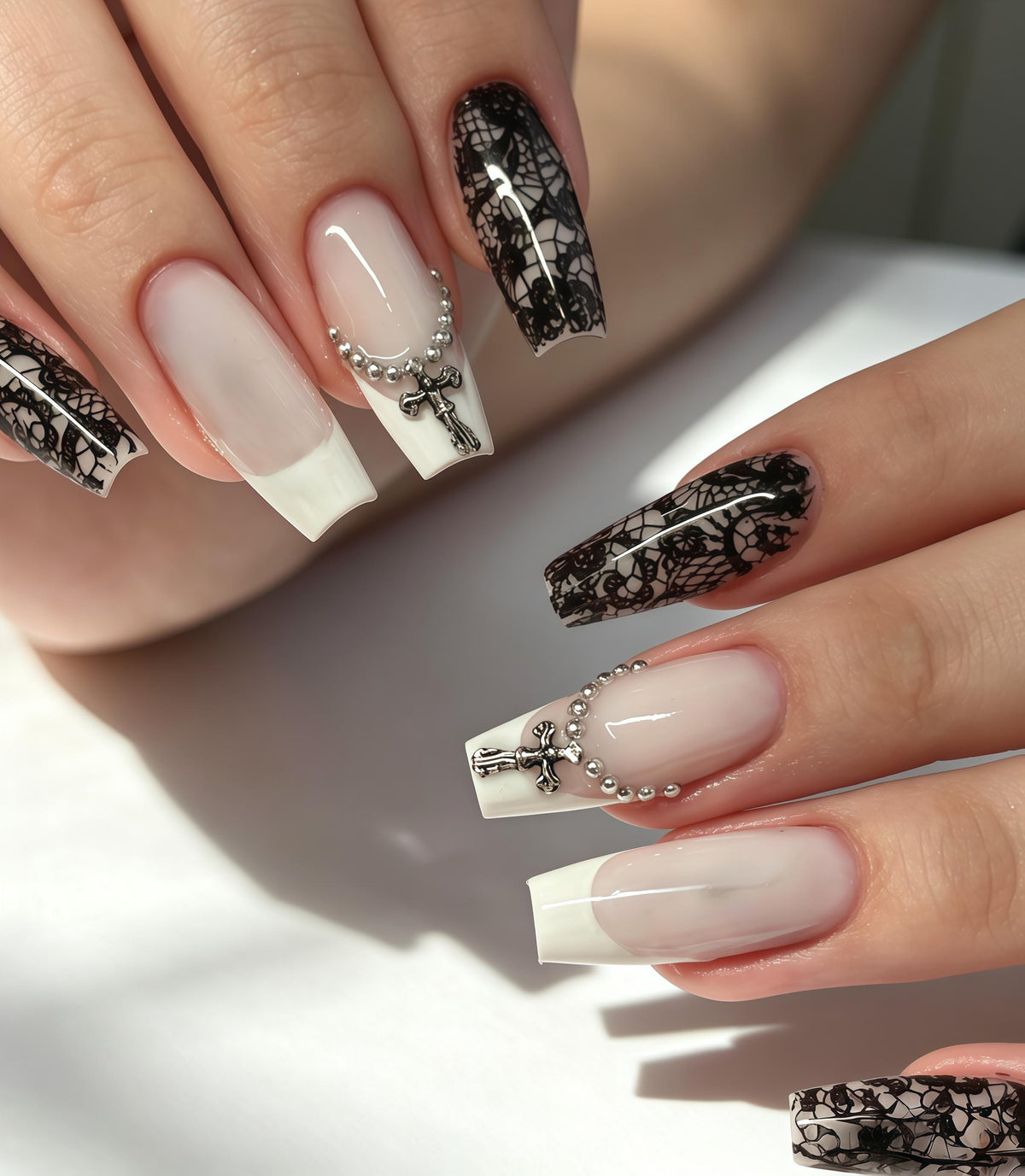 Black Lace French Tip Press-On Nails with Silver Cross Charms for Alternative Weddings