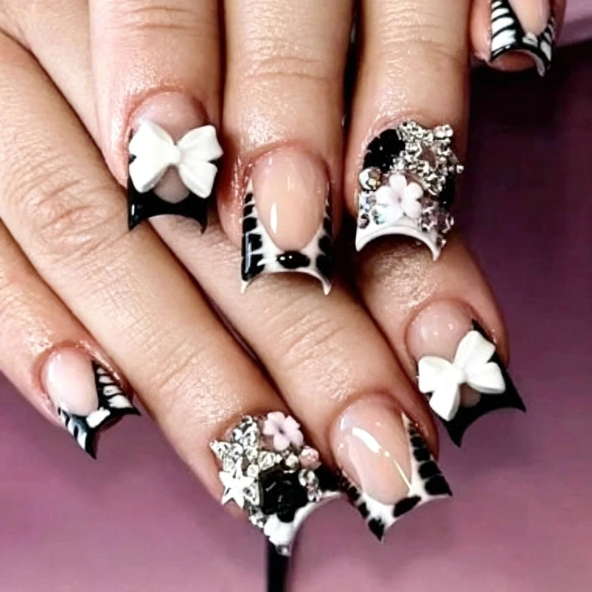 Black Leopard French Tip Nails with 3D Bows, Silver Rhinestones and Star Charms