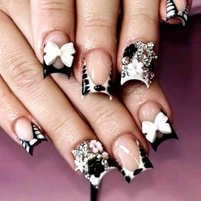 Black Leopard French Tip Press On Nails with 3D Bows, Silver Rhinestones and Star Charms