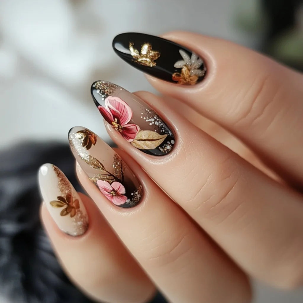 Black, Nude & White Floral Nails With Gold Foil and Glitter