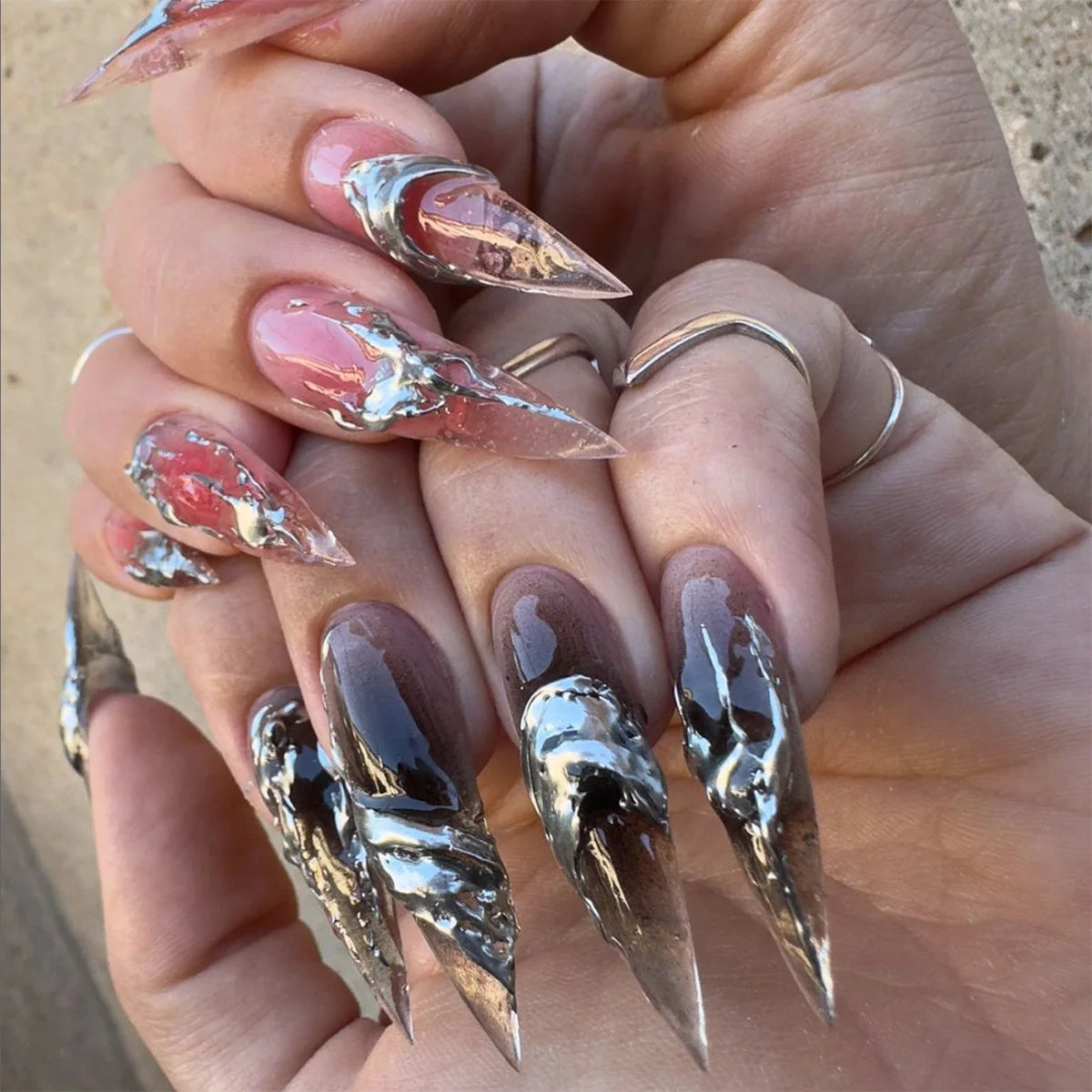 Black, Pink and Clear Chrome Swirl Press-On Nails