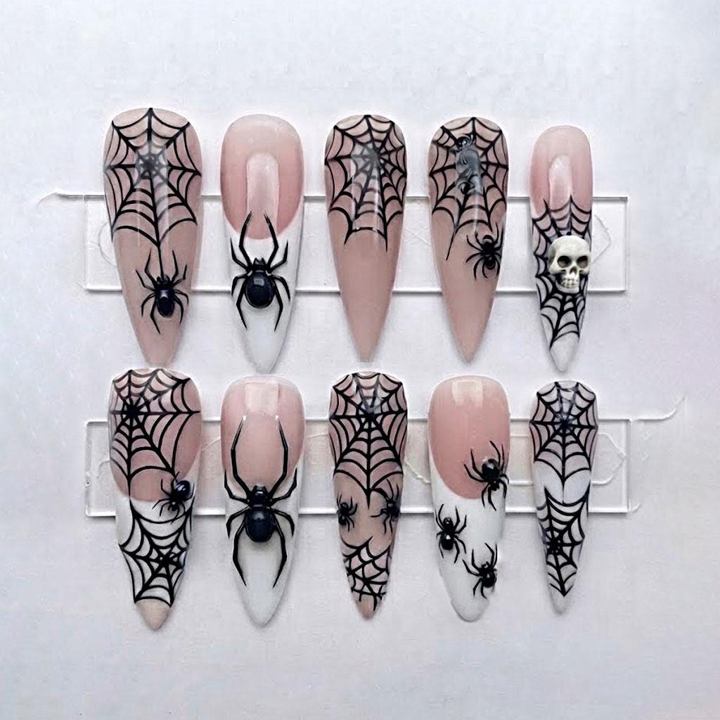 Black Spiderweb and Spider Halloween Press-On Nails with Skull Charm
