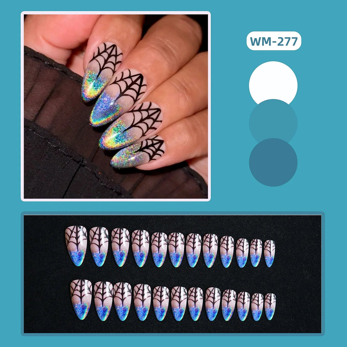 Black Spiderweb Nails With Iridescent Blue-Purple Chrome Tips