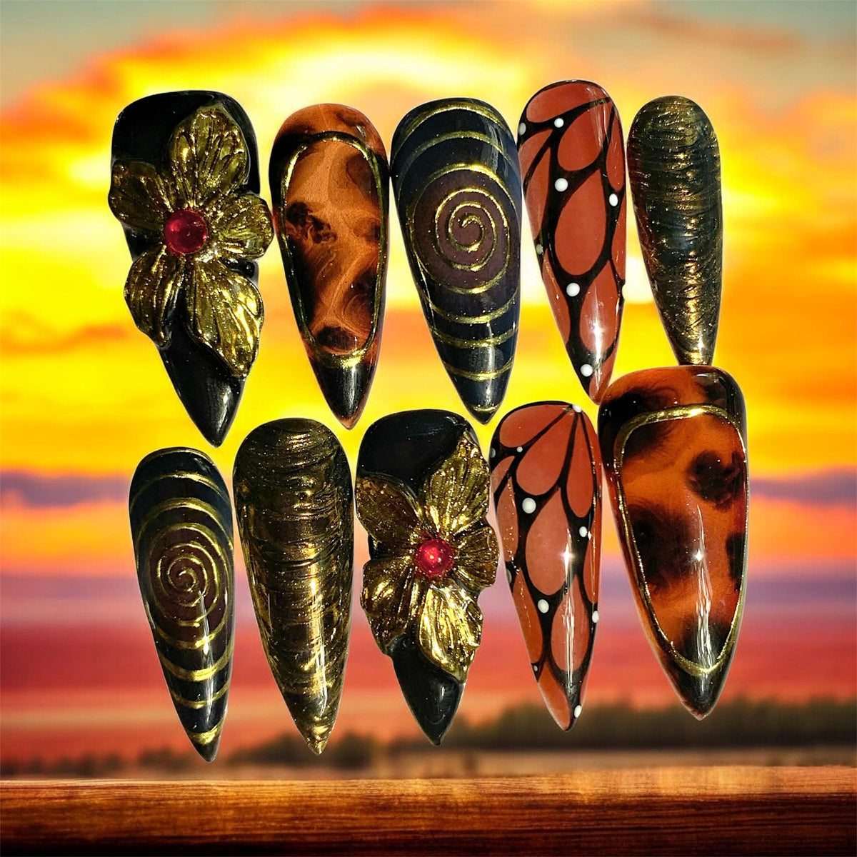 Black, Tortoiseshell & Copper Orange Nails with Gold Flowers and Butterfly-Wing Patterns