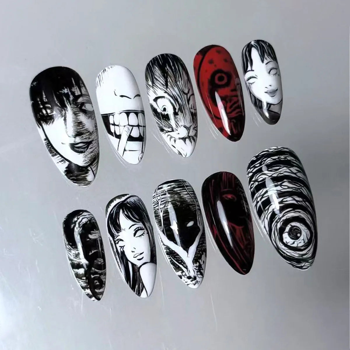 Black, White, and Red Horror Face Halloween Press On Nails