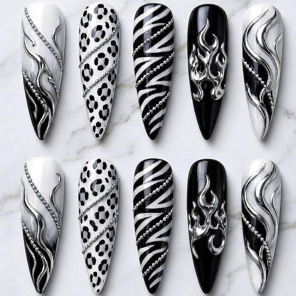 Black, White & Silver Chrome Flame Animal Print Nail Set