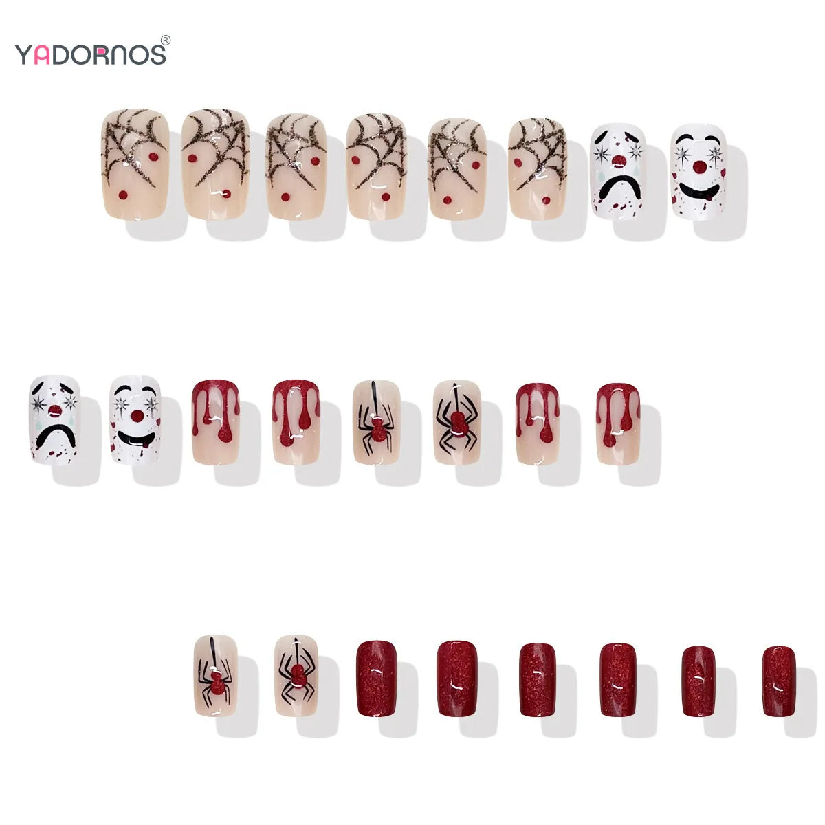 Blood Red Cat Eye Halloween Press On Nails With Spiders, Webs and Clown Faces
