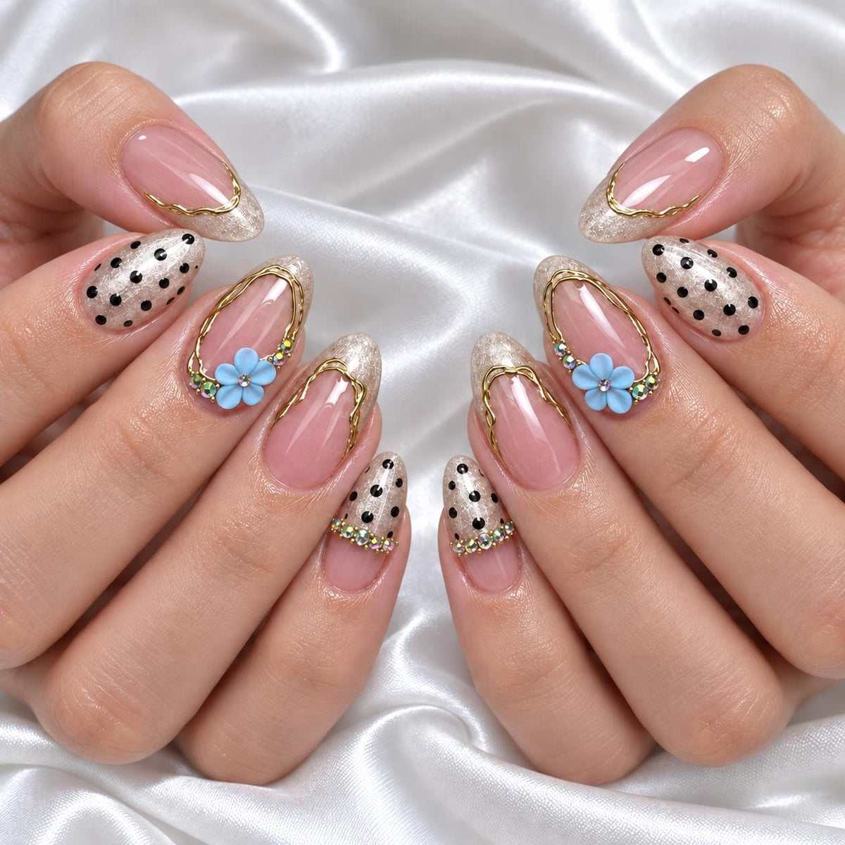 Blue 3D Floral French Tip Nails With Gold Outlines and Polka Dots