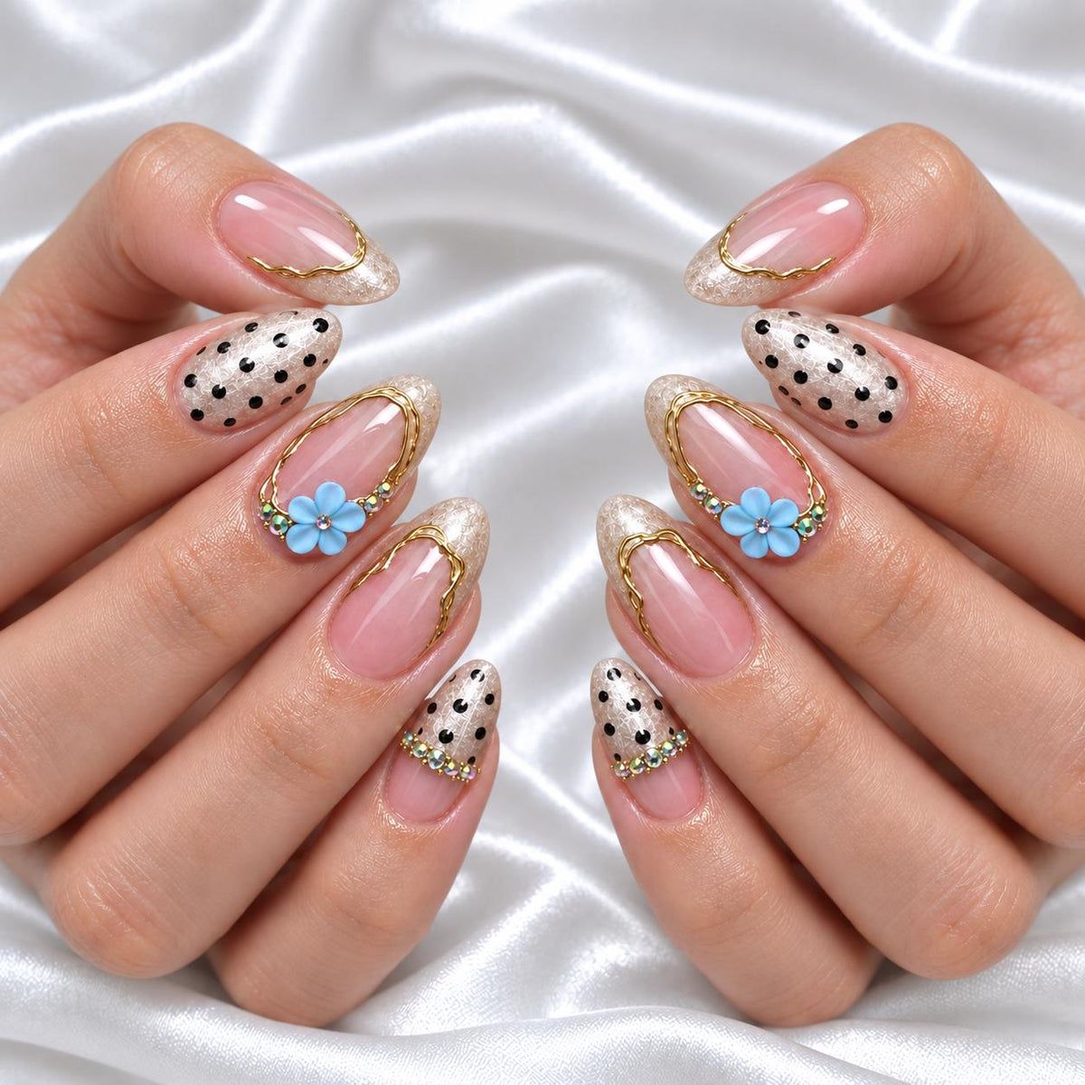 Blue 3D Floral French Tip Nails With Gold Outlines and Polka Dots