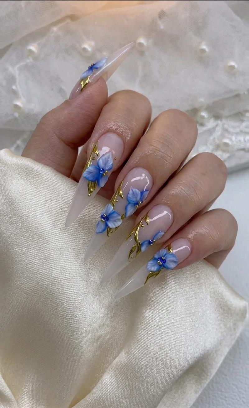 Blue 3D Floral Press On Nails with Gold Accents on Sheer Nude Pink