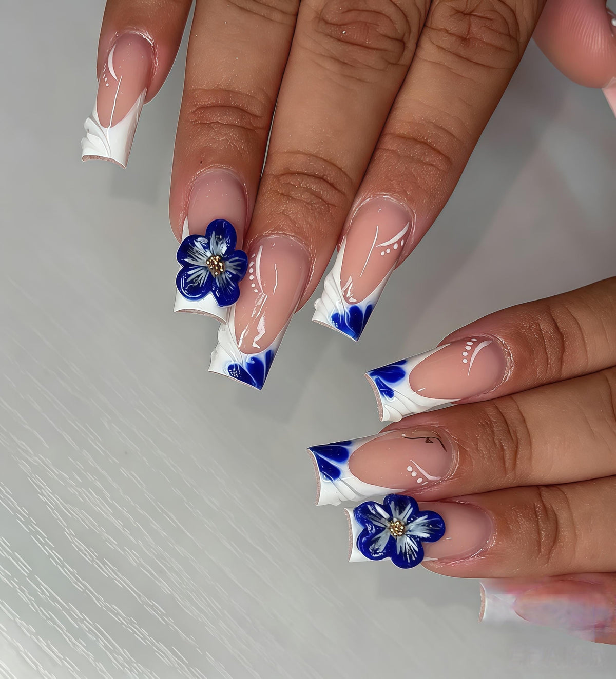 Blue 3D Flower French Tip Press-On Nail Set