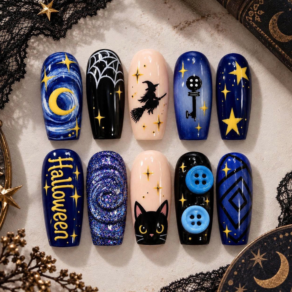Blue and Black Halloween Nails with Celestial Motifs, Spiderwebs and Raised Button Details