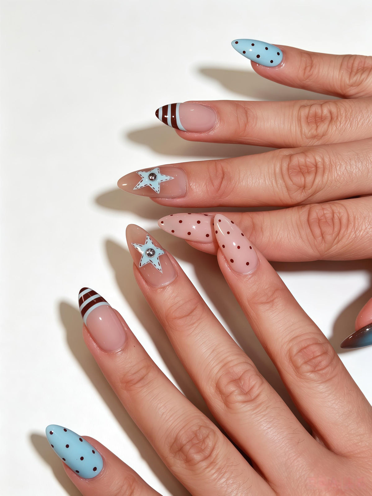 Blue and Blush Polka Dot Nails with Striped Tips and 3D Stars