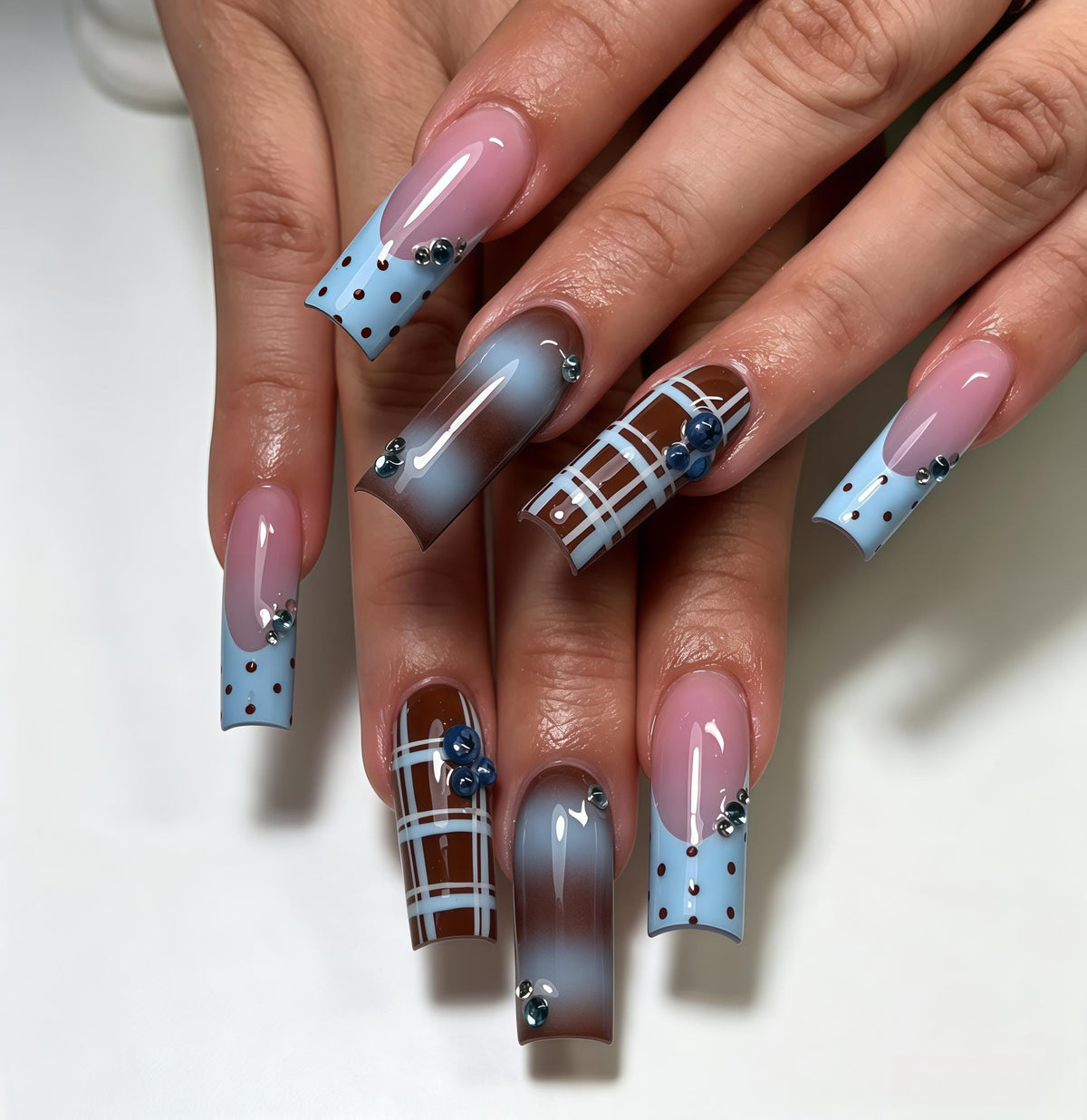Blue and Brown Plaid Press-On Nails with Dotted Tips and Floral Embellishments