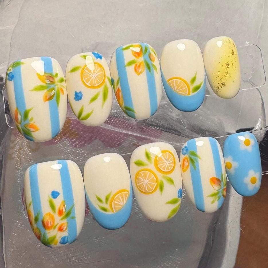 Blue and Cream Lemon Nails with Citrus Sprigs and Stripes