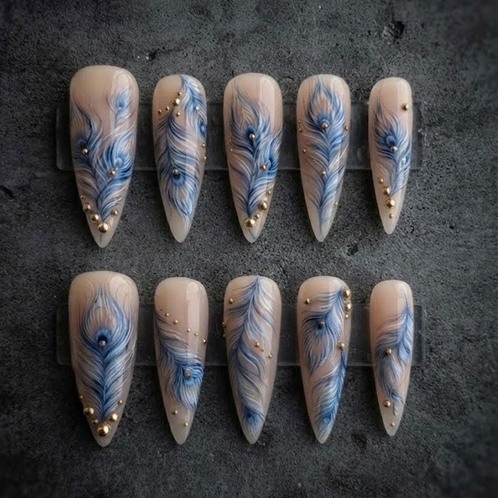 Blue and Gray Peacock Feather Press On Nails with Gold Accents