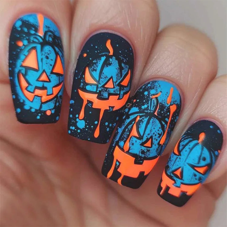 Blue and Orange Jack-o'-Lantern Halloween Press On Nails