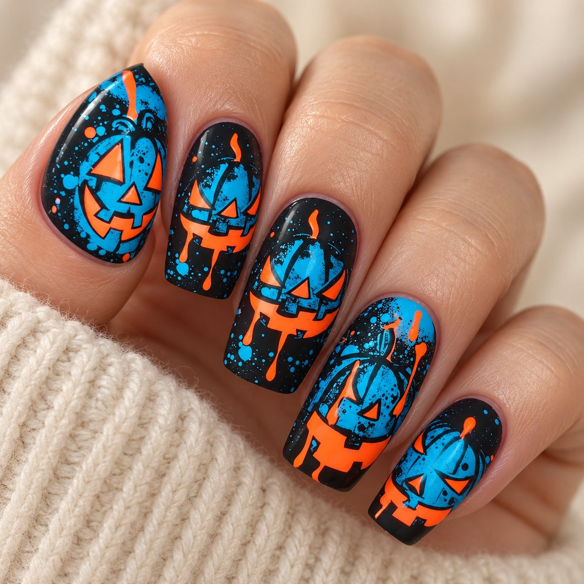 Blue and Orange Jack-o'-Lantern Halloween Press On Nails worn on hand
