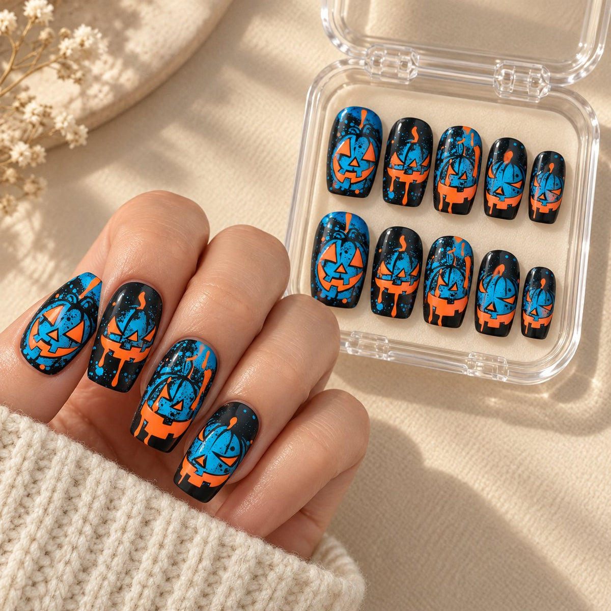 Blue and Orange Jack-o'-Lantern Halloween Press On Nails worn on hand with acrylic storage box