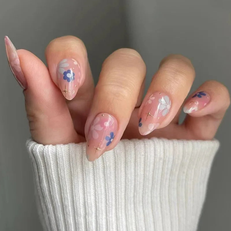 Blue and Pink Floral Press On Nails with Fine Gold Accents