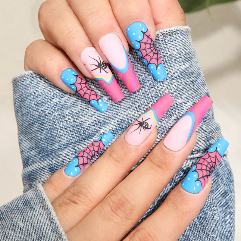 Blue and Pink Spiderweb Halloween Nail Set