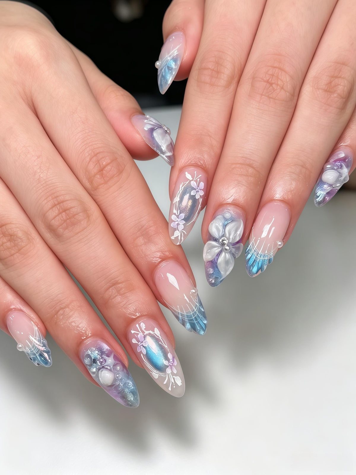 Blue and Purple Mermaid Glitter Nails with 3D Flowers and Pearl Accents