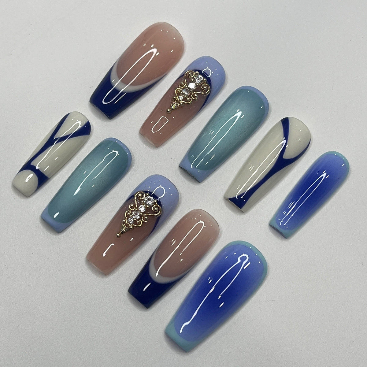 Blue and Taupe Press-On Nails with Gold Embellishments and Rhinestones