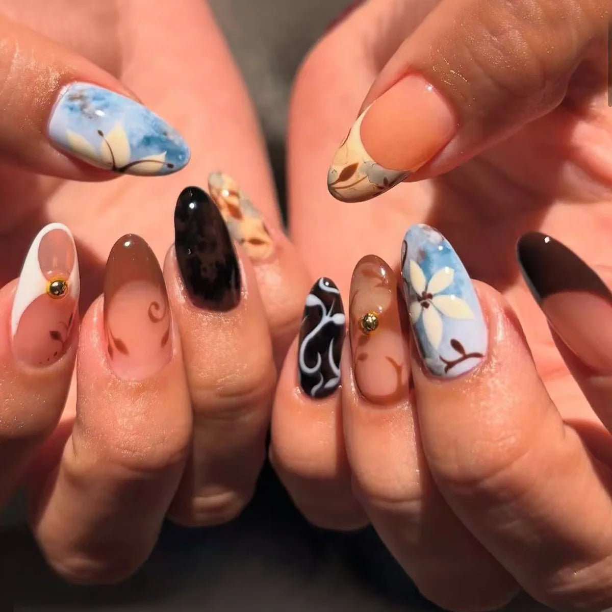 Blue and White Floral Press On Nails with Brown Swirls and Gold-Tone Studs