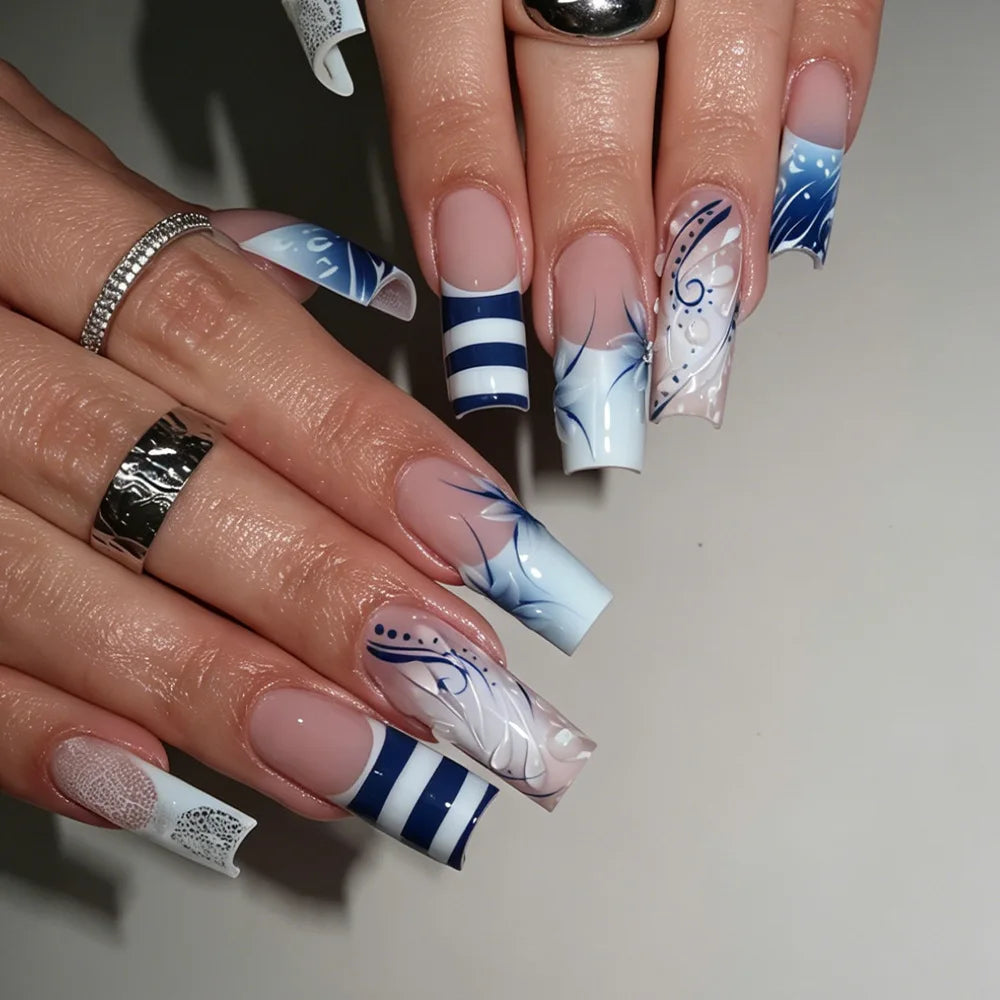 Blue and White Floral Stripe French Tip Nail Set