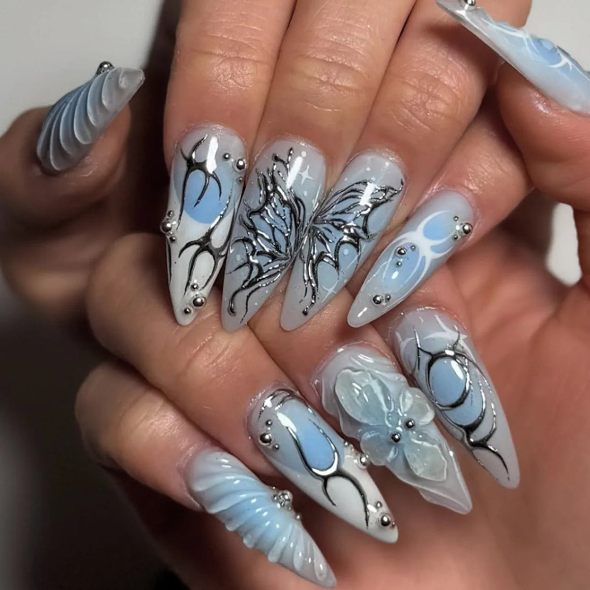 Blue and White Marble Press-On Nails with Sculpted Accents and Metallic Linework