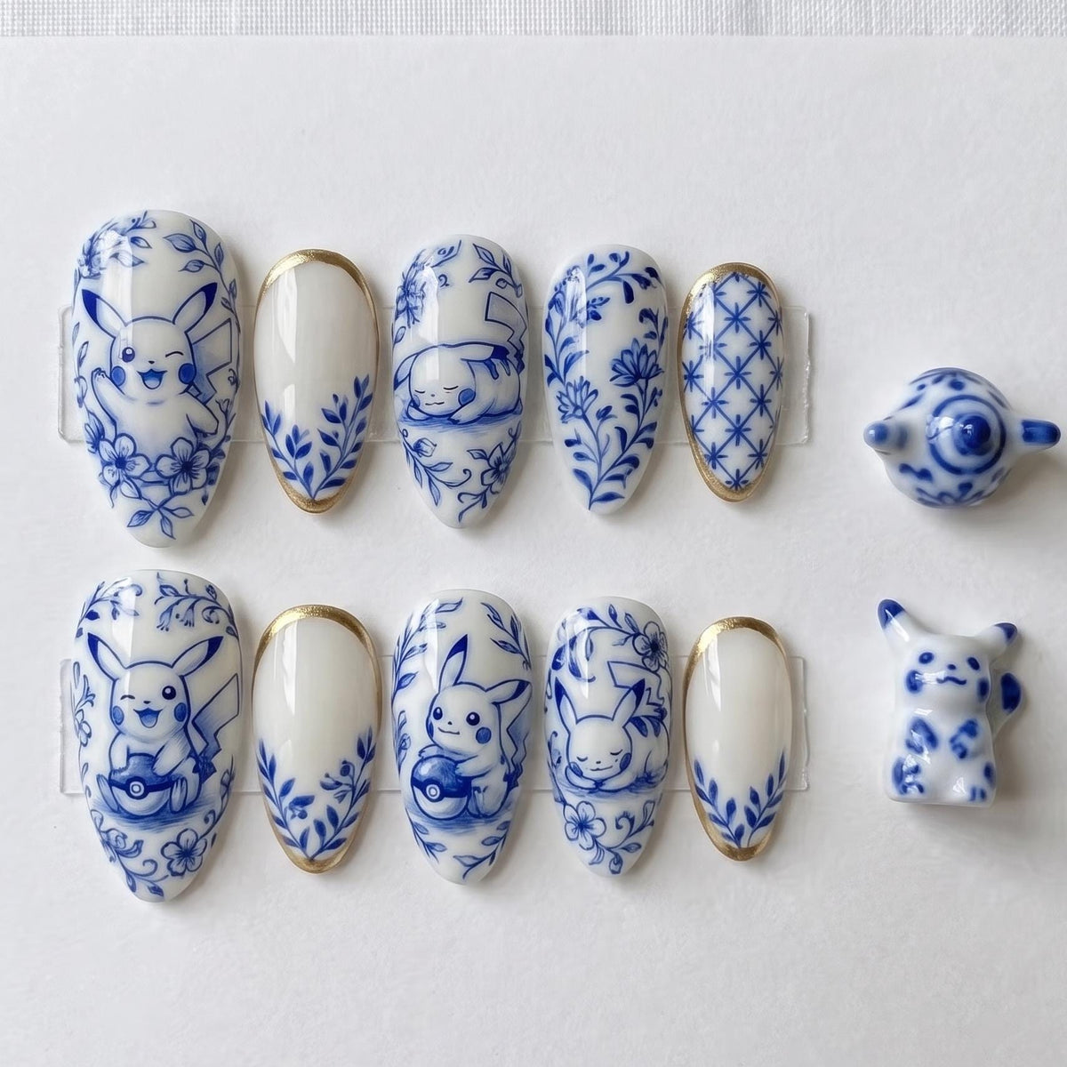 Blue and White Porcelain Cartoon and Floral Press-On Nail Set