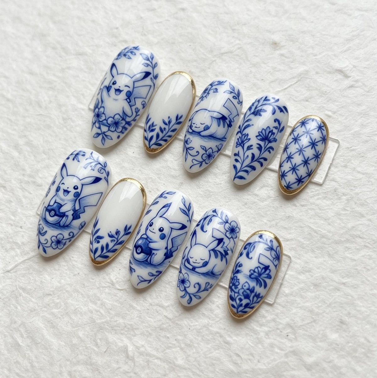 Blue and White Porcelain Cartoon and Floral Press-On Nail Set