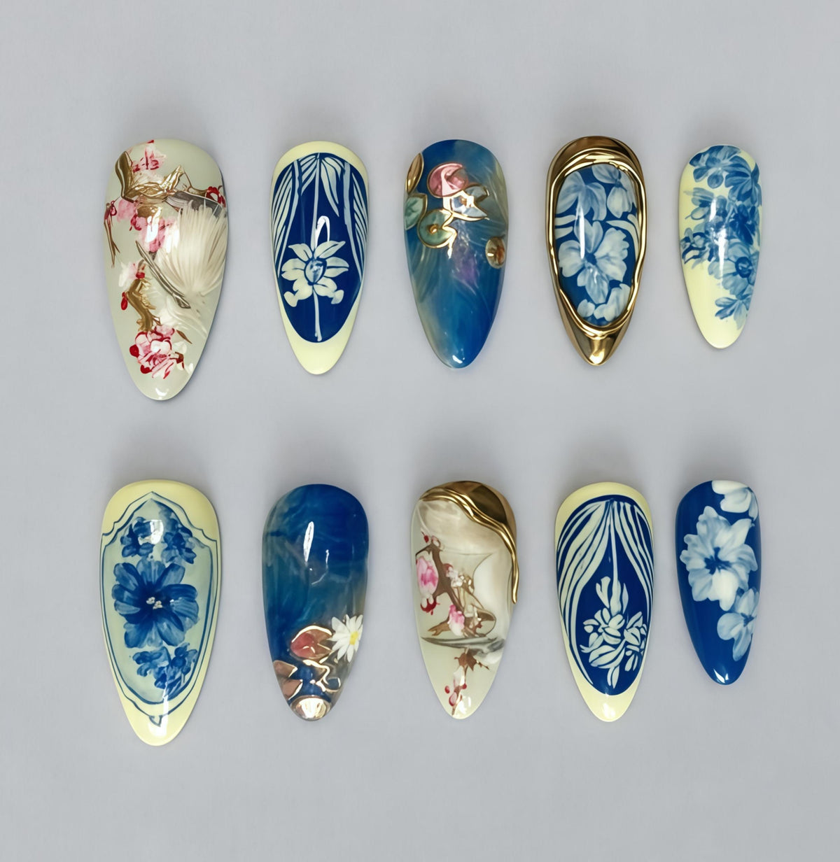 Blue and White Porcelain Floral Press-On Nails with Gold Trim