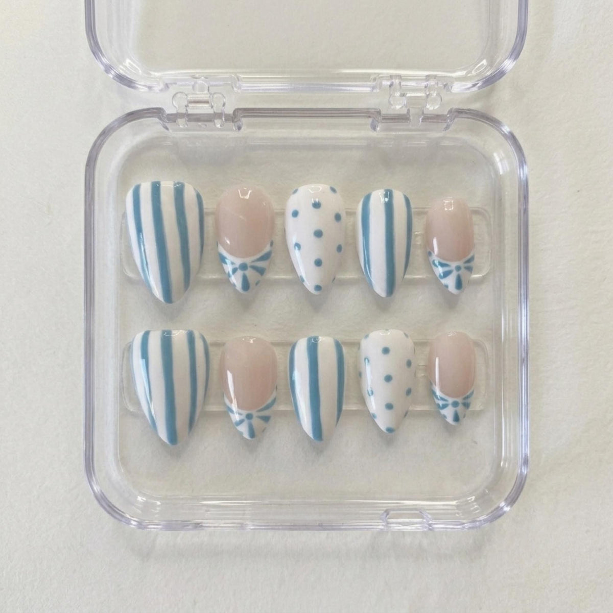 Blue and White Porcelain Floral Stripe Press-On Nail Set