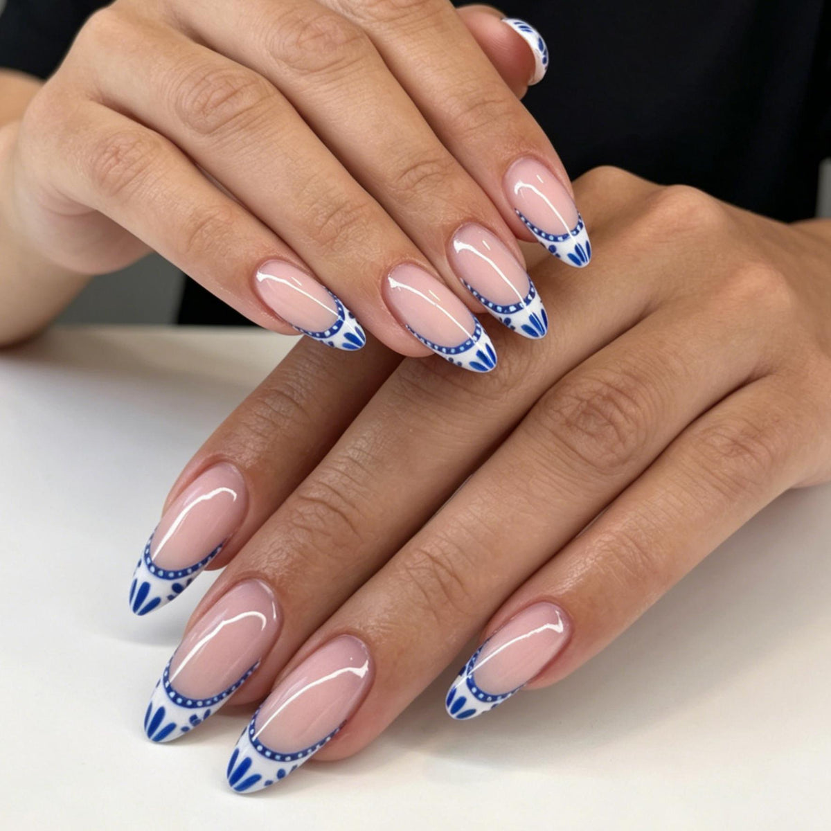 Blue and White Porcelain-Inspired French Tip Press-On Nails
